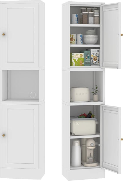 69" Tall Metal Pantry Cabinet with Microwave Stand,Microwave Storage Cabinet with 2 Doors & 3 Adjustable Shelves for Kitchen (2doors-White, 11.81" D x 15.75" W x 66.93" H)