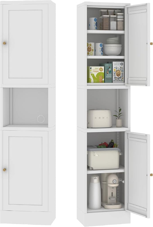 69" Tall Metal Pantry Cabinet with Microwave Stand,Microwave Storage Cabinet with 2 Doors & 3 Adjustable Shelves for Kitchen (2doors-White, 11.81" D x 15.75" W x 66.93" H)