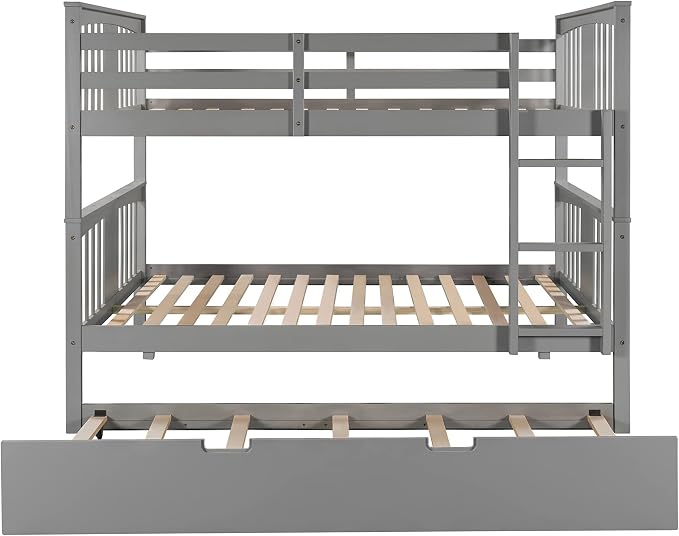 Merax Full Over Full Bunk Bed with Trundle, Convertible to Two Separate Beds, Solid Pine Wood Frame with Safety Guardrail & Headboard/Footboard, Sturdy Durable Design, No Box Spring Needed, Grey