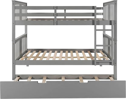 Merax Full Over Full Bunk Bed with Trundle, Convertible to Two Separate Beds, Solid Pine Wood Frame with Safety Guardrail & Headboard/Footboard, Sturdy Durable Design, No Box Spring Needed, Grey