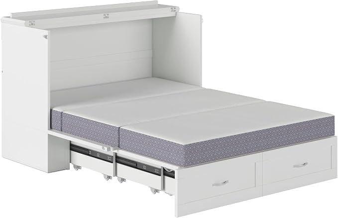 AFI Hamilton Full Murphy Bed Chest with Mattress, Storage, and Built-in Charger in White