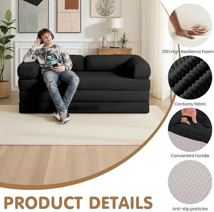 Convertible Sofa Bed Full,5-in-1 Tri-Fold Boneless Couch with Removable Armrests & Handle,Corduroy Futon Sleeper Sofa,Floor Folding Mattress Pull Out Bed for Small Space Apartment Bedroom Black