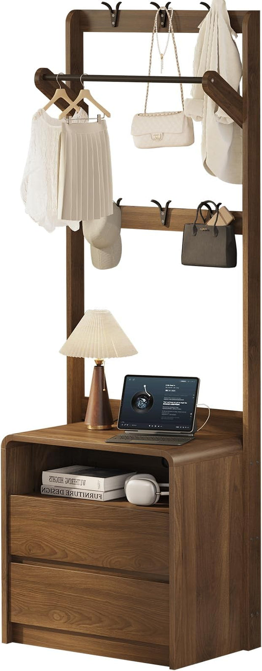 Messenya Mid Century Modern Bedroom Nightstand with Clothes Rack and Hooks | Bedside Table with Hanging Rod, 6 Storage Hooks, Charging Station, Dual Drawers, Rounded Corner, Open Shelf, Walnut Finish