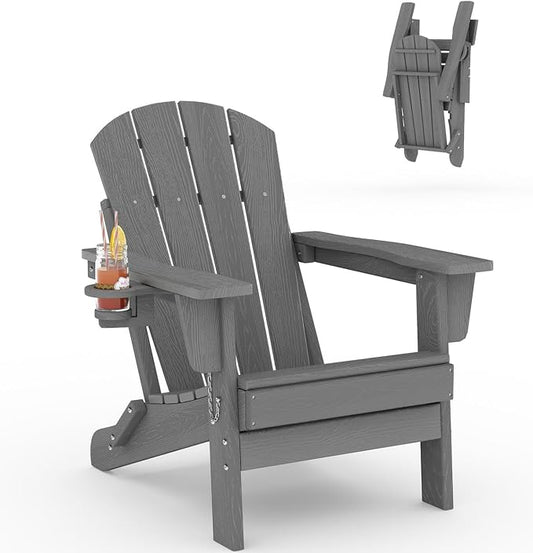 Folding Adirondack Chair, All-Weather HDPE Outdoor Chair, Wooden Textured with Cup Holder for patios, Decks, Gardens, fire pits, Grey