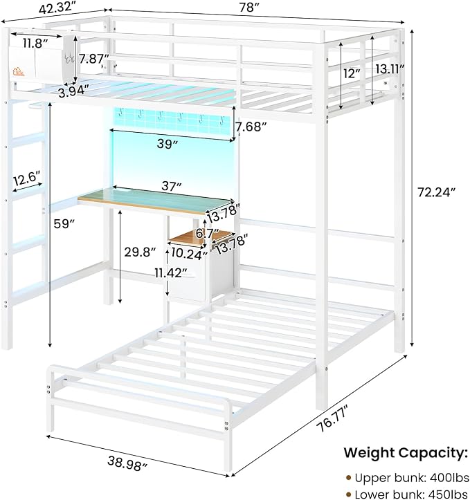DICTAC Twin Over Twin Bunk Bed with Desk,Led Lights and Charging Station Metal L-Shaped Bunk Beds with Storage Drawers and Shelves, Loft Bed with Safety Guardrail and Ladder for Kids and Teen,White