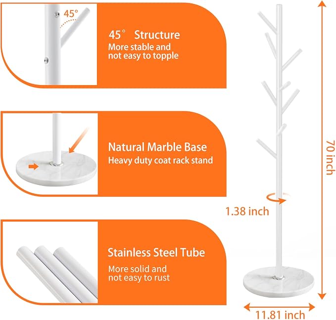 ZOZOE Metal Coat Rack Freestanding, Metal Coat Rack Stand with Natural Marble Base, Modern Coat Racks with 8 Hooks, White Coat Tree Hanger Stand for Jacket, Bag, Entryway, Office