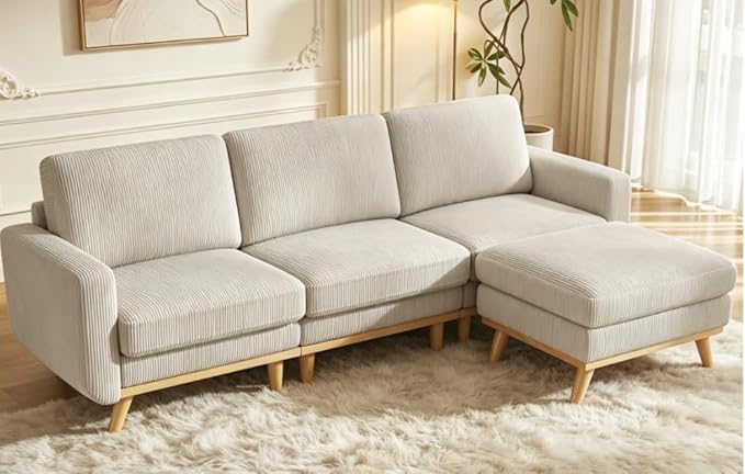 L-Shaped Sectional Sofa, 3-Seater Convertible Couch with Ottoman, FSC Certified Solid Wood Frame, Spring Cushions, Curved Armrests, Comfort Corduroy Sofa for Living Room, Apartment, Office, Light Gray