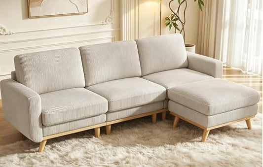 L-Shaped Sectional Sofa, 3-Seater Convertible Couch with Ottoman, FSC Certified Solid Wood Frame, Spring Cushions, Curved Armrests, Comfort Corduroy Sofa for Living Room, Apartment, Office, Light Gray