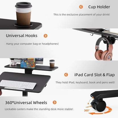 Pneumatic Standing Desk with Wheels - Adjustable Height 28" - 46" & 0-90° Tilt, 31.5" x 17.7" Skin-Feel Desktop, Rolling Computer Desk for Home Office, Hospital, School (Black)