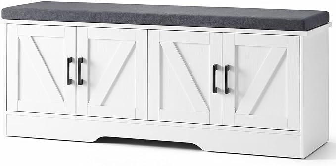 NEWBULIG Shoe Storage Bench for Entryway with Cushion, 47.2IN, White | Shoe Organizer Cabinet with Padded Cushion and Doors, Adjustable Shelves, Shoes Bench for Hallway, Mudroom, Bedroom