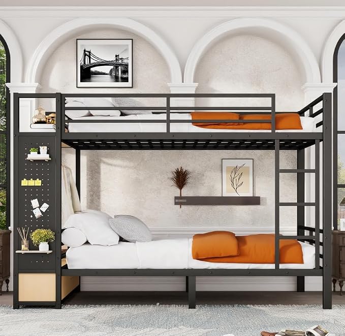 Bellemave Bunk Bed Queen Over Queen,Metal Bunk Bed with Shelf and Guardrails,Queen Bunk beds with Storage Drawers and Clothes Hooks for Kids, Teens & Adults（Black）
