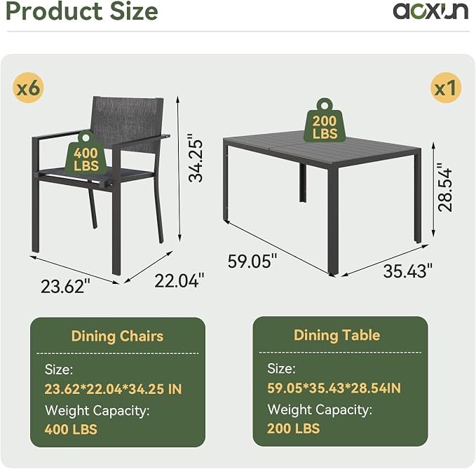 Aoxun 8-Piece Patio Table and Chairs Set & 15ft Patio Umbrella for 6, All Weather Outdoor Dining Set with 6 Textilene Chairs and 1 Rectangular Metal Table for Backyard, Garden, Grey/Beige