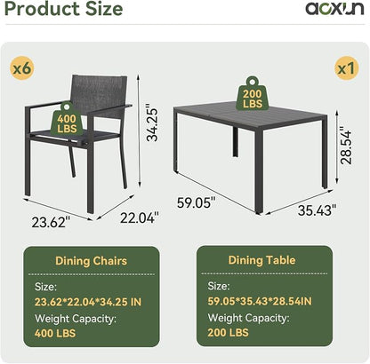 Aoxun 8-Piece Patio Table and Chairs Set & 15ft Patio Umbrella for 6, All Weather Outdoor Dining Set with 6 Textilene Chairs and 1 Rectangular Metal Table for Backyard, Garden, Grey/Beige