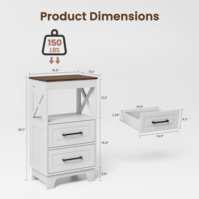 Tall Nightstand Set of 2 Side Table with 2 Drawers Modern Night Stand Wooden Rustic End Table Bedside Table with Below Open Shelf Solid Feet for Bedroom White+Walnut
