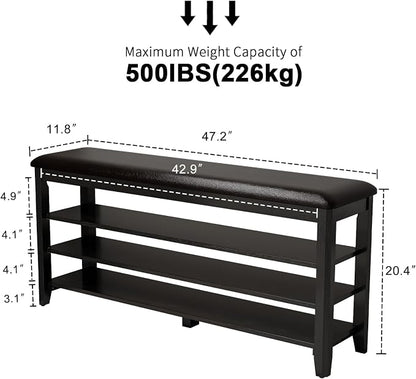 AQIMUELE Shoe Bench with Leather Cushion, 3 Tiers Shoe Storage Bench Height Adjustable, Walnut Wood Entryway Bench for Hallway, Mudroom