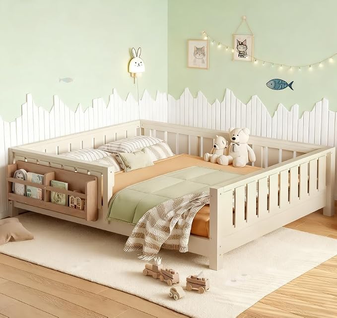 Bellemave Full Size Floor Bed with high Rails and with Built-in Bookshelf for Kids, Girls, Boys, Wood Montessori Floor Bed Without Door, Beige