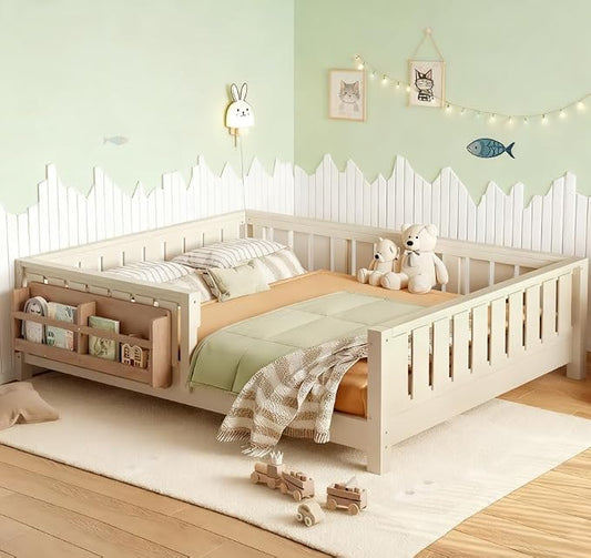 Bellemave Full Size Floor Bed with high Rails and with Built-in Bookshelf for Kids, Girls, Boys, Wood Montessori Floor Bed Without Door, Beige