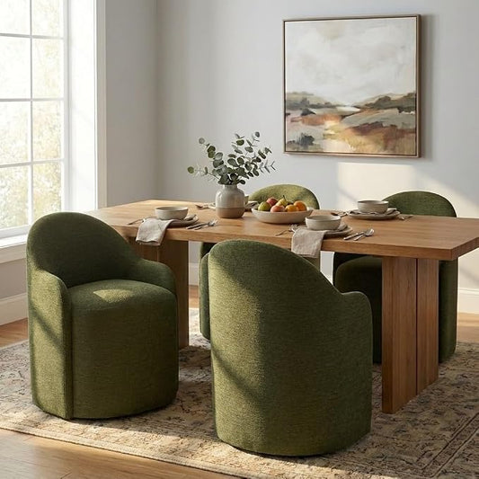 KISLOT Upholstered Dining Chairs with Casters, No Assembly Modern Dining Room Chairs Accent Vanity Chair with 5 Wheels & Round Backrest for Bedroom, Living Room, Dressing, Green Fabric, Set of 4