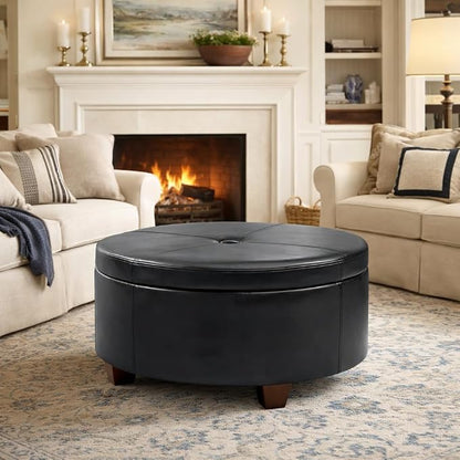 HomePop 32" Large Tufted Round Storage Ottoman - Black Faux Leather