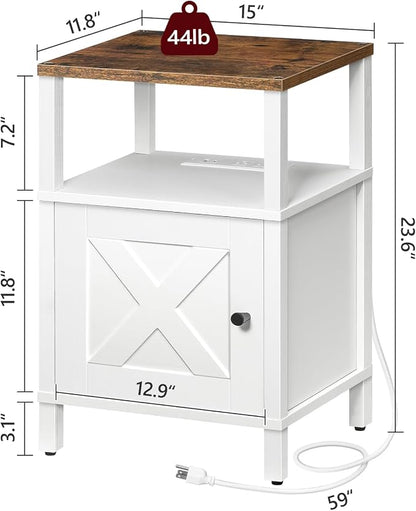 MAHANCRIS Farmhouse Nightstand with Charging Station, Barn Door End Table with USB Ports and Storage Cabinet, Bedside Table for Bedroom, Small Space, White and Rustic Brown ETRW96E01