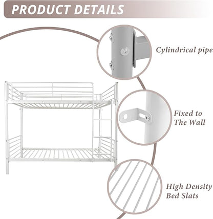 Karl home Metal Bunk Bed Twin Over Twin with Built-in Ladder, White | Heavy Duty Bunkbeds with Safety Guardrail and Space-Saving Design,Twin Bunk Beds for Kids, Teens & Adults, No Box Spring