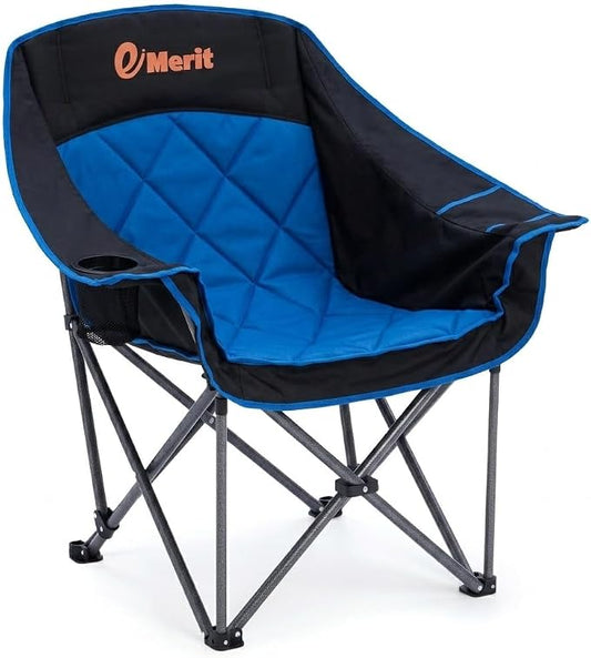 EMERIT Oversized Padded Camping Chairs, Heavy Duty 450 LBS Capacity Outdoor Folding Quad Chair with Cup Holder, Portable for Camping, Tailgating, Sports, Backyard & Patio, Black