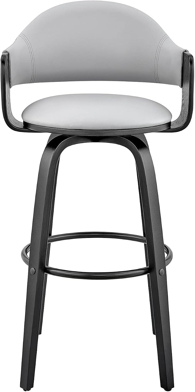 Armen Living Daxton Mid Century Modern Swivel Bar Stool for Kitchen Island Counter in Gray Faux Leather and Black Wood, 26" Seat Height