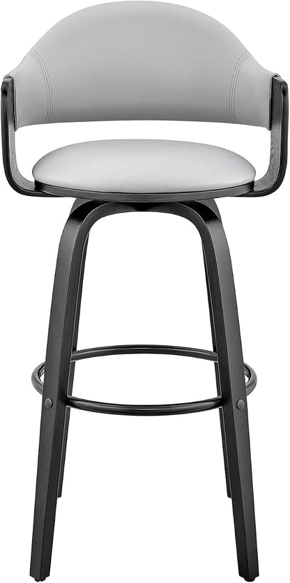 Armen Living Daxton Mid Century Modern Swivel Bar Stool for Kitchen Island Counter in Gray Faux Leather and Black Wood, 26" Seat Height