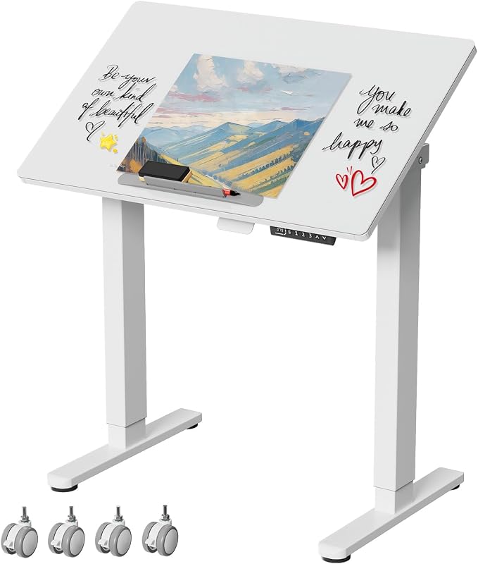 32" Glass Standing Desk,90°Tilt Whiteboard Electric Drafting Table | White Foldable One-piece Electric Height Adjustable Drawing Table with 4 Lockable Wheels, Small Portable Rising Workstation