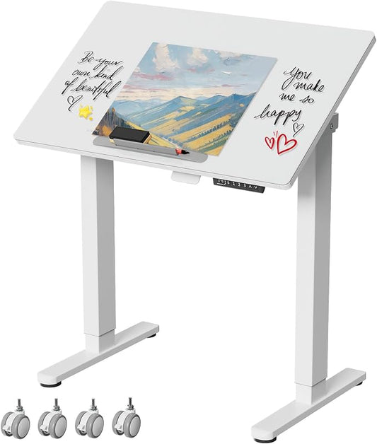 32" Glass Standing Desk,90°Tilt Whiteboard Electric Drafting Table | White Foldable One-piece Electric Height Adjustable Drawing Table with 4 Lockable Wheels, Small Portable Rising Workstation