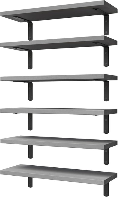 WOPITUES Wood Floating Shelves Set of 6, Shelves for Wall Decor, Farmhouse Shelf for Bedroom, Bathroom Storage Shelves, Book Shelves for Living Room-Grey