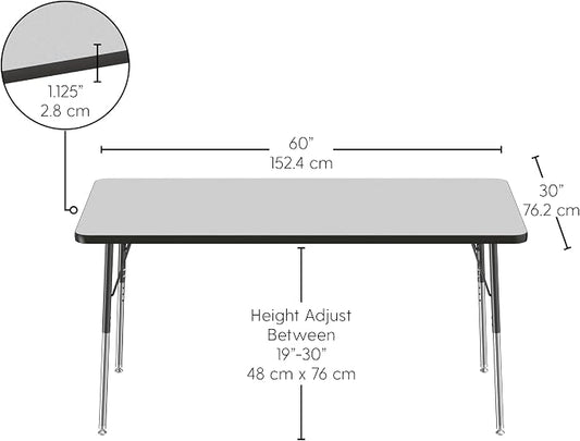 FDP Rectangle Activity School and Office Table (30 x 60 inch), Standard Legs with Swivel Glides, Adjustable Height 19-30 inches; Quick Ship Single Box - Gray Top and Black Edge