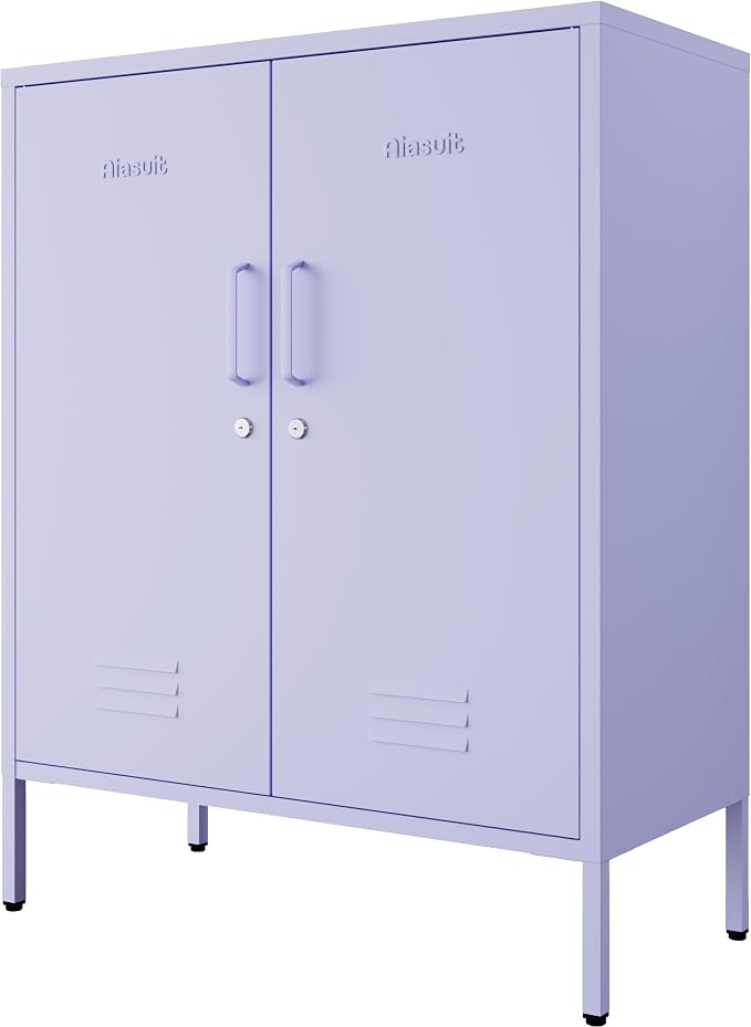 Purple 3 Tier Metal Storage Cabinet with Legs, Lockable 2 Door Metal Locker, Heavy Duty Multipurpose Accent Storage Cabinet with 2 Adjustable Shelves for Home, Office, Entryway and Hallway