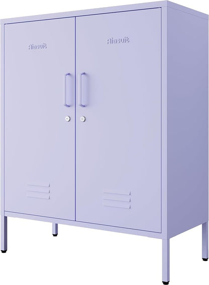 Purple 3 Tier Metal Storage Cabinet with Legs, Lockable 2 Door Metal Locker, Heavy Duty Multipurpose Accent Storage Cabinet with 2 Adjustable Shelves for Home, Office, Entryway and Hallway