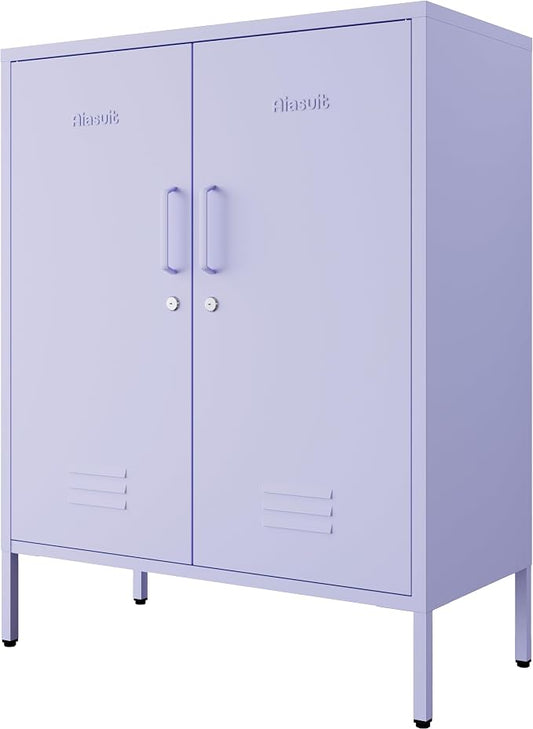 Purple 3 Tier Metal Storage Cabinet with Legs, Lockable 2 Door Metal Locker, Heavy Duty Multipurpose Accent Storage Cabinet with 2 Adjustable Shelves for Home, Office, Entryway and Hallway