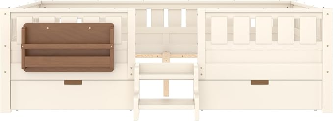 Queen Platform Bed with Storage Drawers and Bookshelves, Kids Platform Bed Frame with Low-profile Stairs and Full-length Guardrails, Queen Bed Frame for Boys, Girls, No Box Spring Needed, Beige