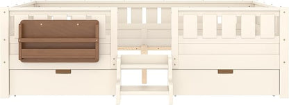 Queen Platform Bed with Storage Drawers and Bookshelves, Kids Platform Bed Frame with Low-profile Stairs and Full-length Guardrails, Queen Bed Frame for Boys, Girls, No Box Spring Needed, Beige