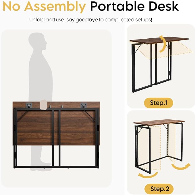 alawooder 39.4" Folding Desk: No Assembly, Wood Top for Small Spaces | 39.4 in dual-monitor workspace, holds 150 lbs, folds flat to 2.3 in, splash-proof top, home office or gaming