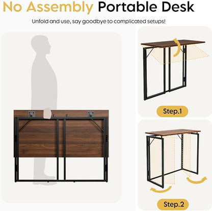 alawooder 39.4" Folding Desk: No Assembly, Wood Top for Small Spaces | 39.4 in dual-monitor workspace, holds 150 lbs, folds flat to 2.3 in, splash-proof top, home office or gaming
