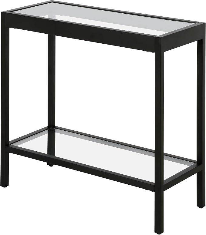 Henn&Hart 24" Wide Rectangular Rectangular Side Table in Blackened Bronze, Table for Living Room, Bedroom | Two-tiered glass shelves with a metal frame, offering open display space for living rooms, offices, or bedrooms