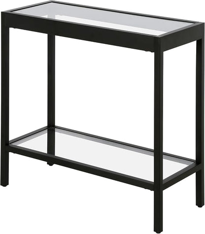 Henn&Hart 24" Wide Rectangular Rectangular Side Table in Blackened Bronze, Table for Living Room, Bedroom | Two-tiered glass shelves with a metal frame, offering open display space for living rooms, offices, or bedrooms