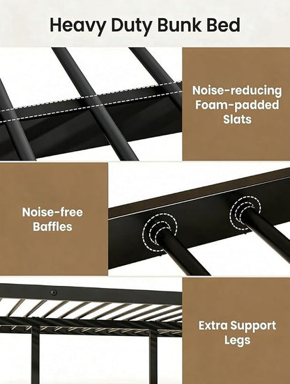 Mixcous Full Over Full Bunk Bed for Adults, Heavy Duty Metal Bunk Bed Frame, Convertible into 2 Full Beds, Noise-Free, Full-Length Guardrails & EVA Padded Ladder, No Box Spring Needed, Black