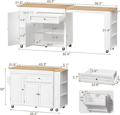Expandable Kitchen Island with Storage Drawer and Wheels, White | Rubberwood top expands 48.4"-82.6". Spacious drawer, 2 cabinets, 2 shelves, spice rack & towel bar. Lockable casters.