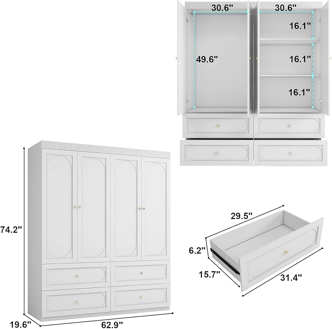Armoire Wardrobe Closet with Drawers: 74 Inch Tall 4 Door Armoire Wardrobe Closet with 4 Drawers, Wood Modern Wardrobes Cabinet for Bedroom (White)
