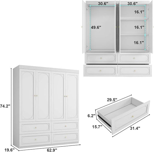 Armoire Wardrobe Closet with Drawers: 74 Inch Tall 4 Door Armoire Wardrobe Closet with 4 Drawers, Wood Modern Wardrobes Cabinet for Bedroom (White)