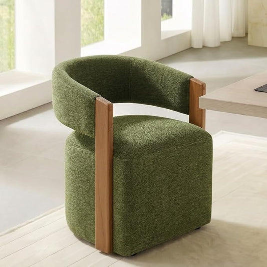 KISLOT Upholstered Dining Chairs Set of 1, Modern Wooden Arm Kitchen & Dining Room Chairs with Hidden Casters, Fabric Padded Rolling Chairs, Sturdy Wood Frame, 300 lbs Capacity, Green