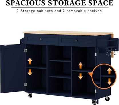 HLR Kitchen Island On Wheels, Blue Rolling Kitchen Island Cart with Solid Wood Drop Leaf Prep Table, Barn Door Kitchen Islands with Storage Cabinet and Tower Rack, Island Table for Kitchen