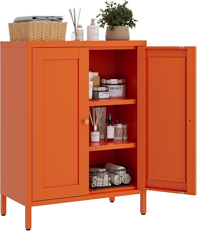 Metal Floor Storage Cabinet, Small Freestanding Sideboard Storage with 2 Adjustable Shelves for Bathroom Entryway Living Room Dining Room Coffee bar,11.8"D x 23.6"W x 31.5"H,3-Tier,Orange