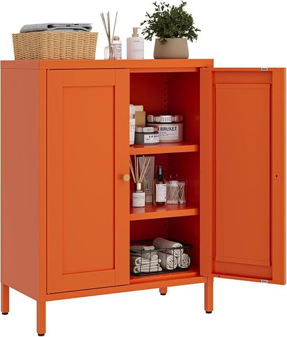 Metal Floor Storage Cabinet, Small Freestanding Sideboard Storage with 2 Adjustable Shelves for Bathroom Entryway Living Room Dining Room Coffee bar,11.8"D x 23.6"W x 31.5"H,3-Tier,Orange