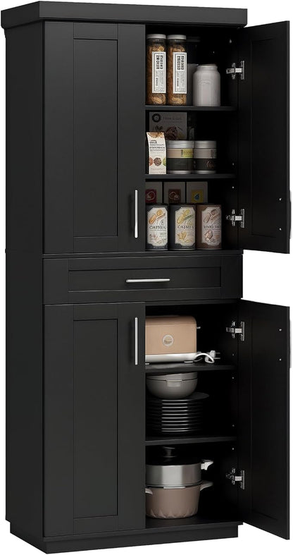HOMCOM 72" Kitchen Pantry Cabinet, Freestanding Tall Storage Cabinet with 4 Doors, Drawer and 3 Adjustable Shelves for Dining Room, Black